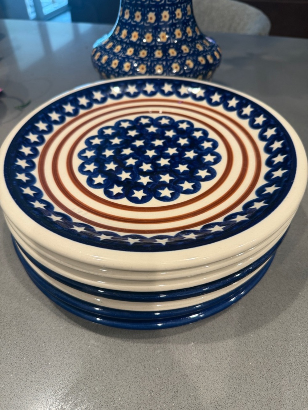 Blue and Red Star Pattern Ceramic dinner Plates - Set of 4 polish pottery